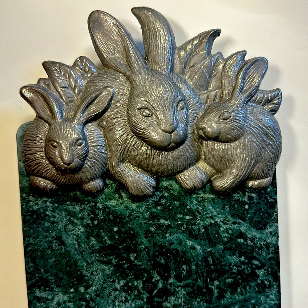 Rabbit Bunny Pewter & Malachite look Cheese platter, Stamped on back: “ART”